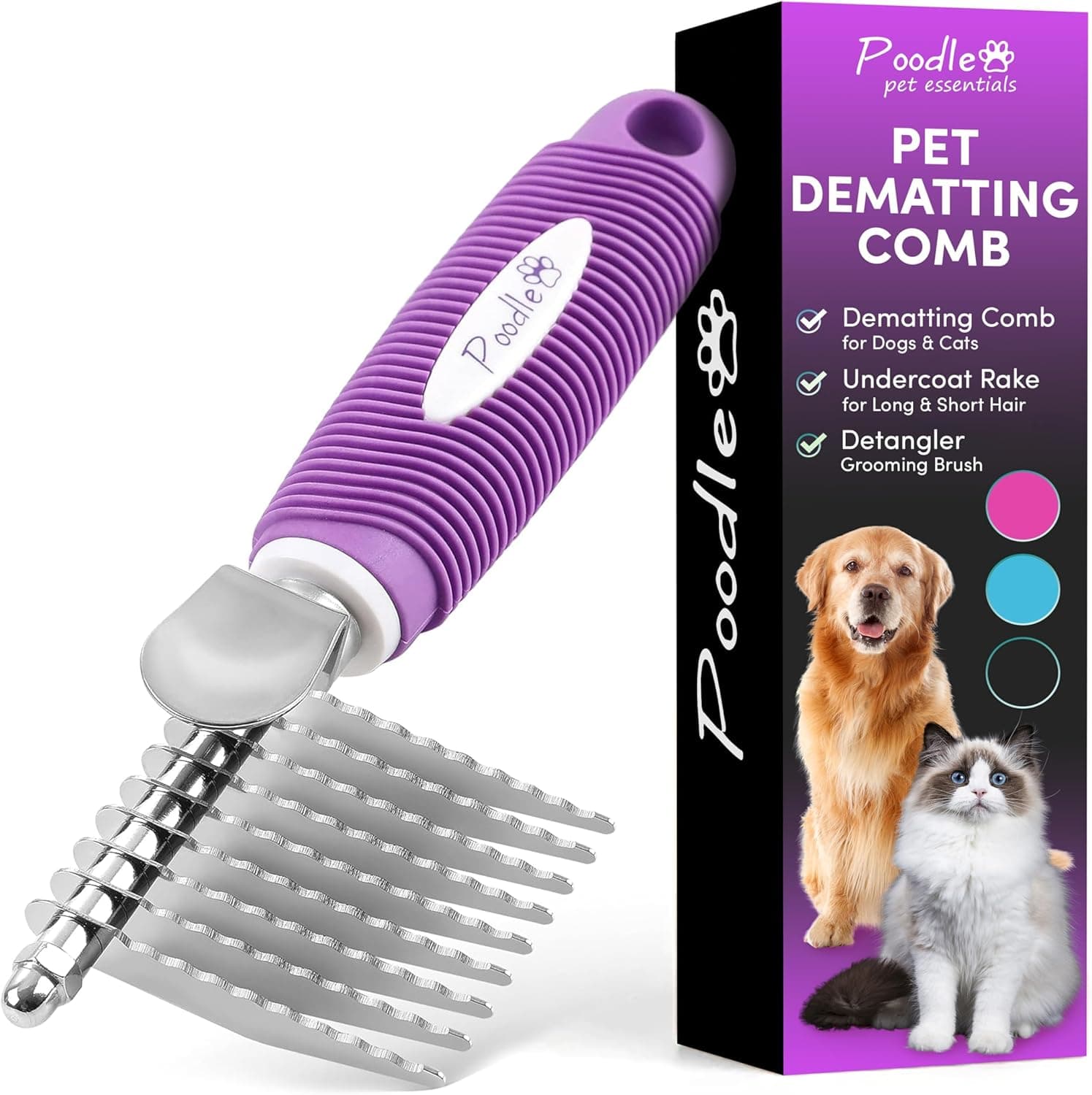 Poodle Dematting Fur Rake Comb Brush for Dogs and Cats - Long 2.5\" Steel Safety Blades Metal Comb for Detangling Matted or Knotted Undercoat Hair